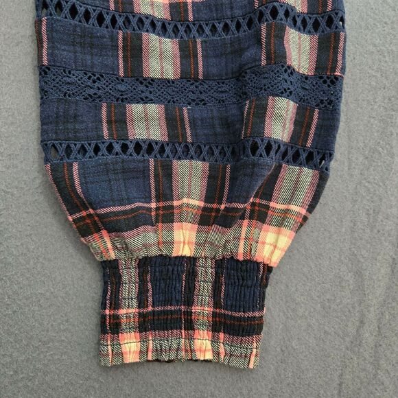 Torrid Womens 1X Babydoll Rayon Slub Lace Inset Smocked Tiered Plaid Navy Blouse - Picture 6 of 16